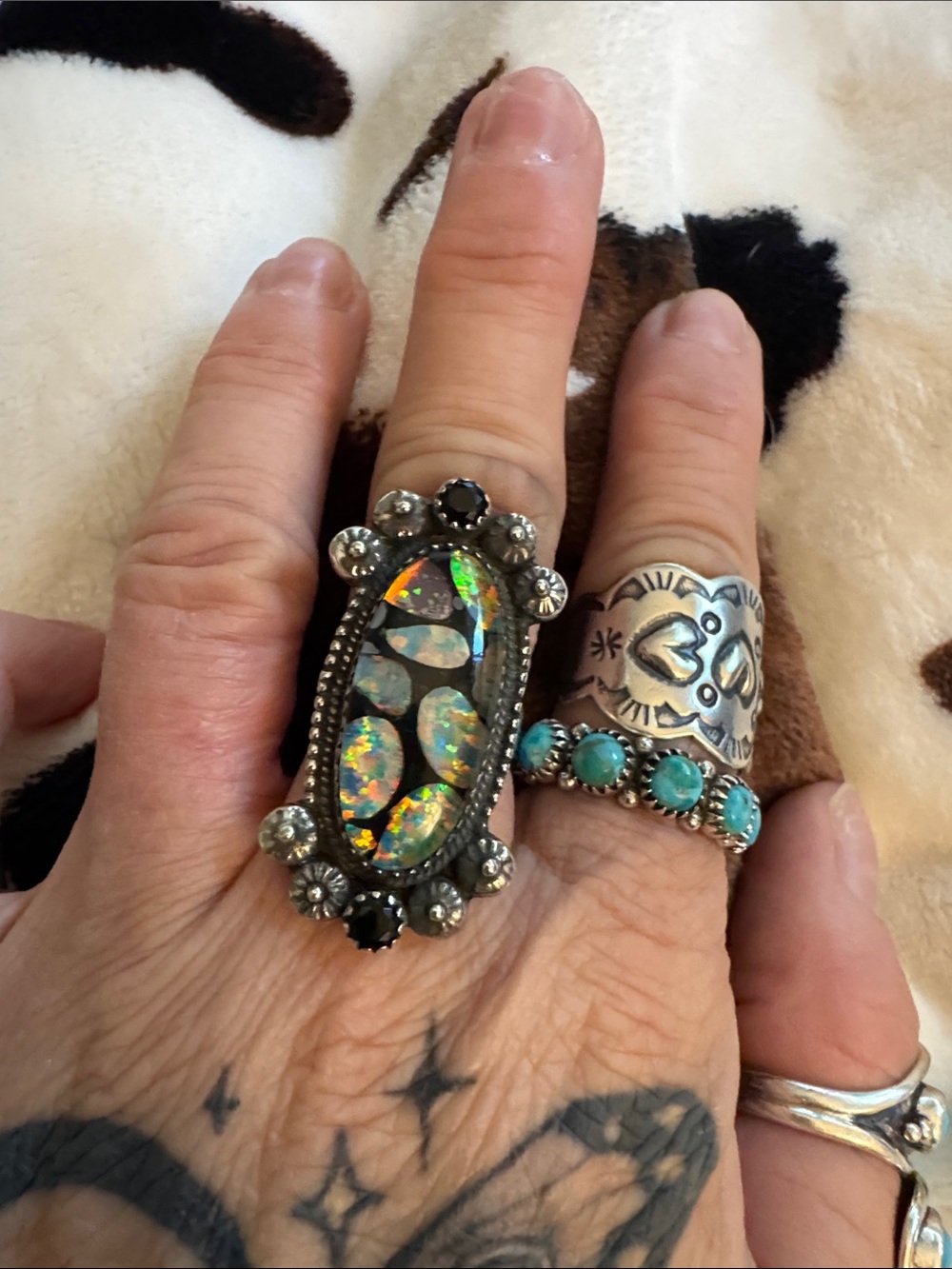 Sterling Silver Iridescent fire Opal and black onyx Statement Ring - Multicolor